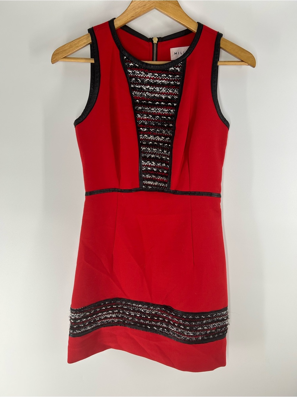 Milly Red Sleeveless Sheath Dress with Black Lace Insets